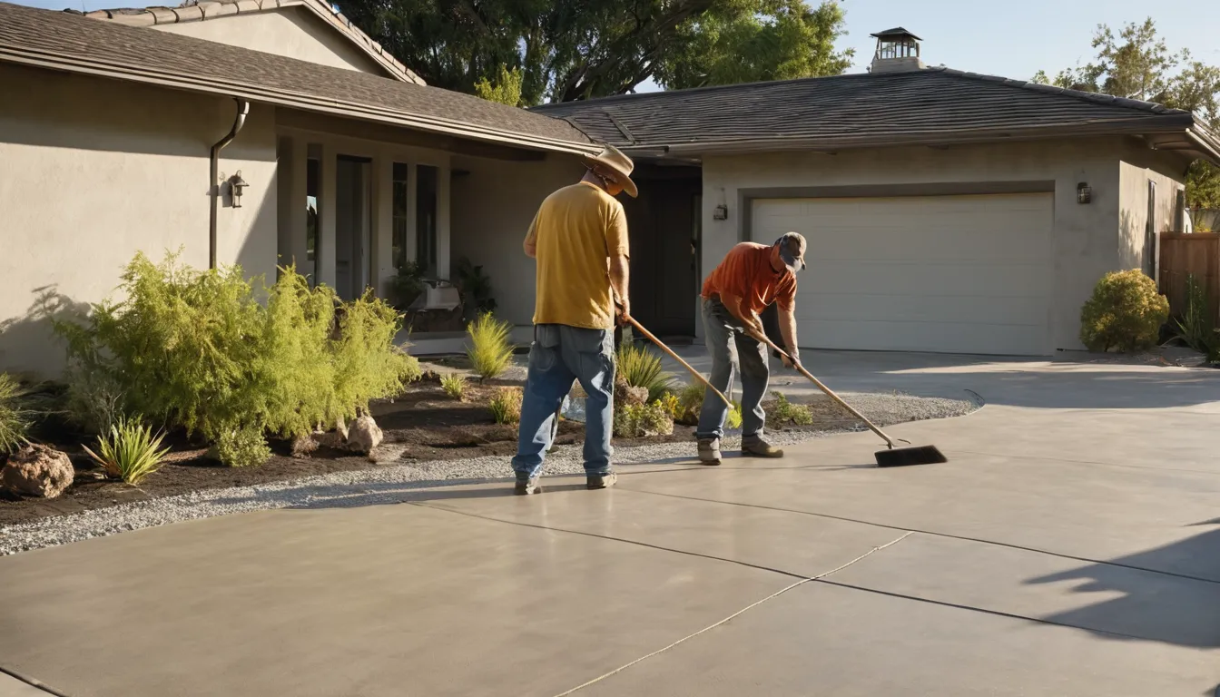 A freshly poured concrete driveway in front of a stucco ranch home in West Sacramento