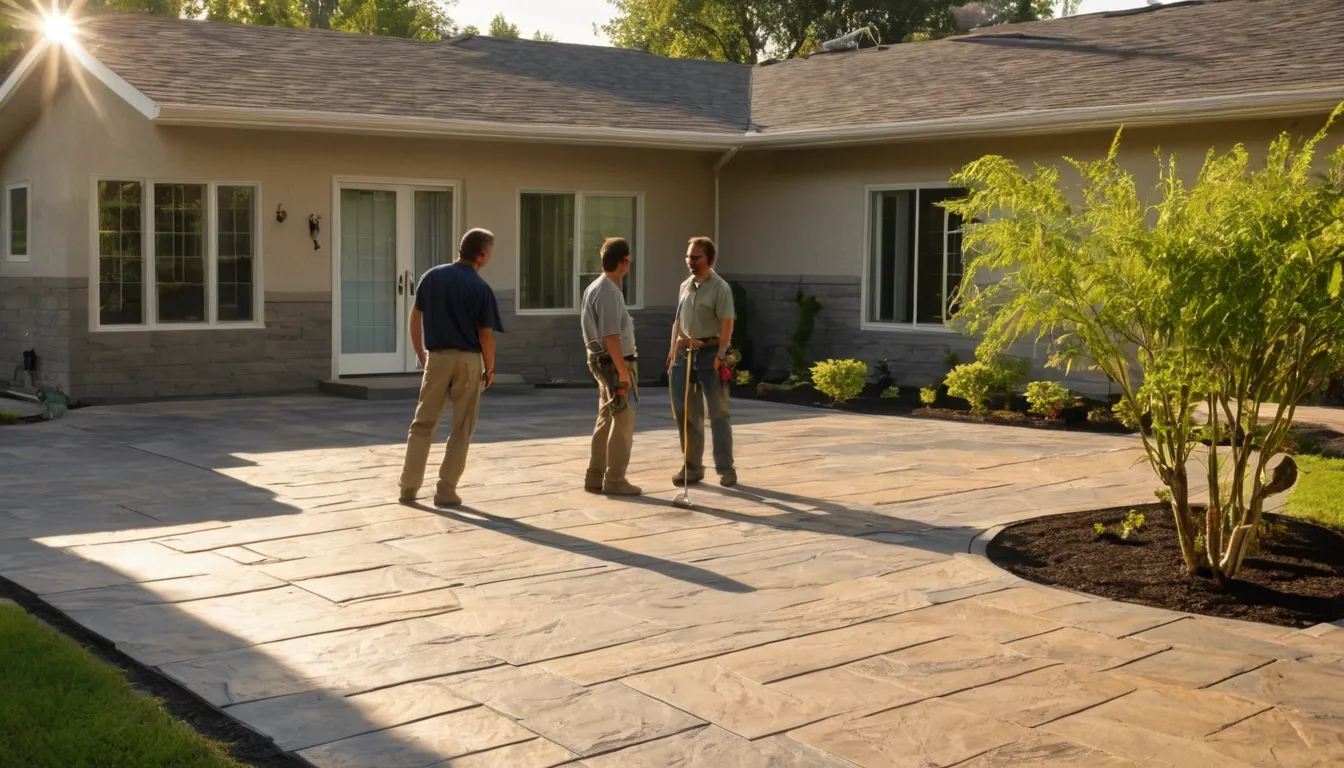 Newly finished stamped concrete patio with a stone pattern behind a stucco home in West Sacramento